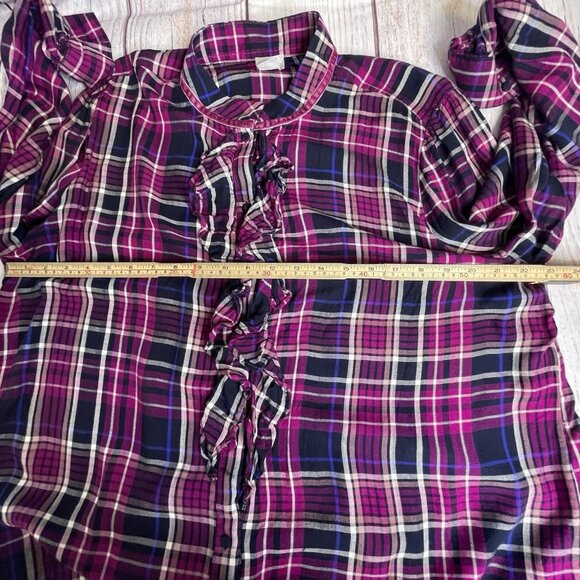 Chico's Women's Plaid  Flannel Top Size 4‎ (20/22) Ruffled Velvet Trim Collar - Picture 13 of 16